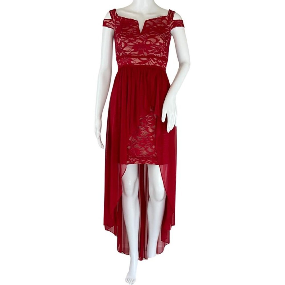 Morgan & Co Women's Chiffon Off Shoulder Gown High Low Dress Red Sz 1